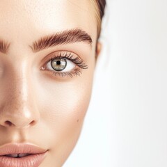 A woman in a half-body view, with visible arms, shaping her eyebrows to achieve the perfect K-beauty brows. The background is isolated on a white background.
