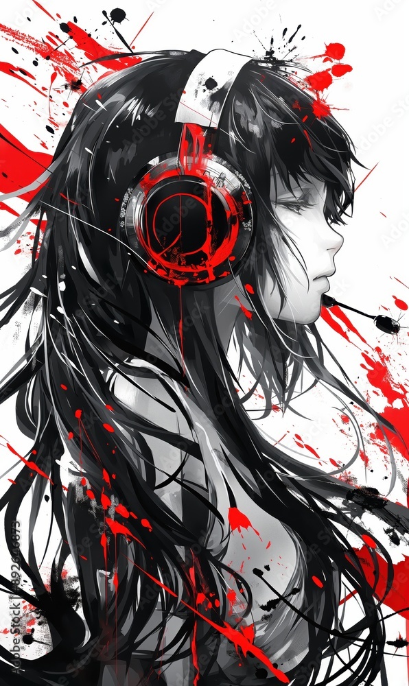 Sticker Black and white anime art of a girl with red splashes of paint