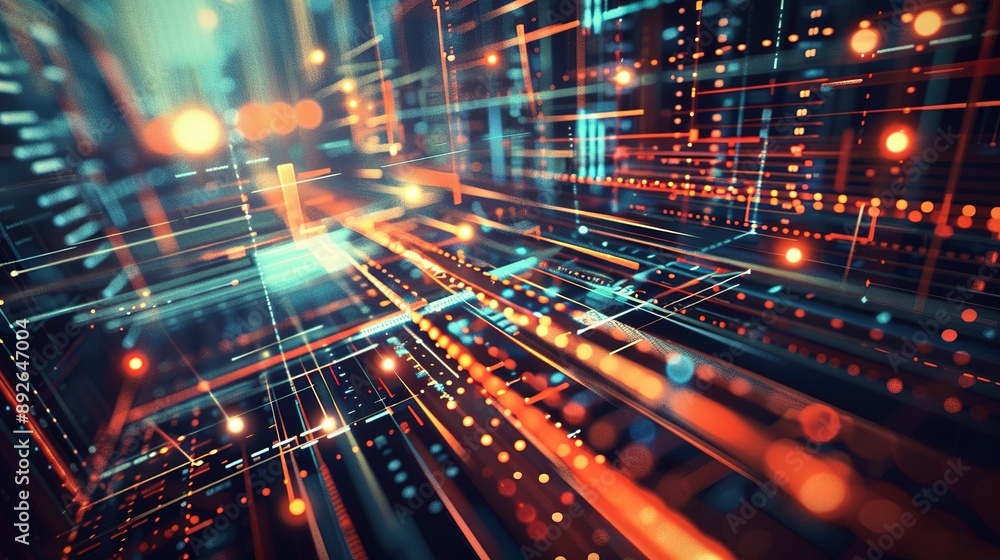 Aufkleber abstract digital network with colorful lines and lights