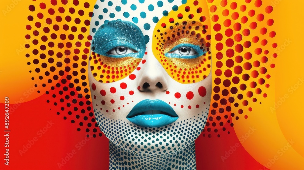 Poster a womans face made of white dots, with an endless staircase in the background featuring red and yell