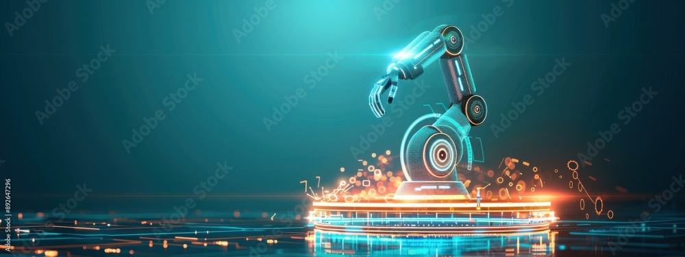 Poster abstract graphics showcasing the integration of robotics and automation in industrial manufacturing,