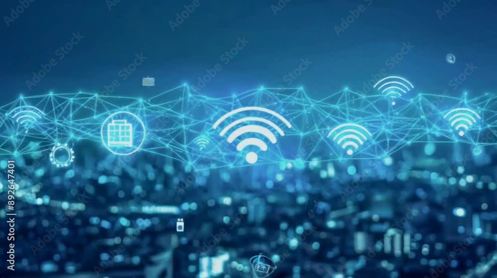 Aufkleber wireless network over cityscape. a network of glowing wifi symbols connected by lines against a blur