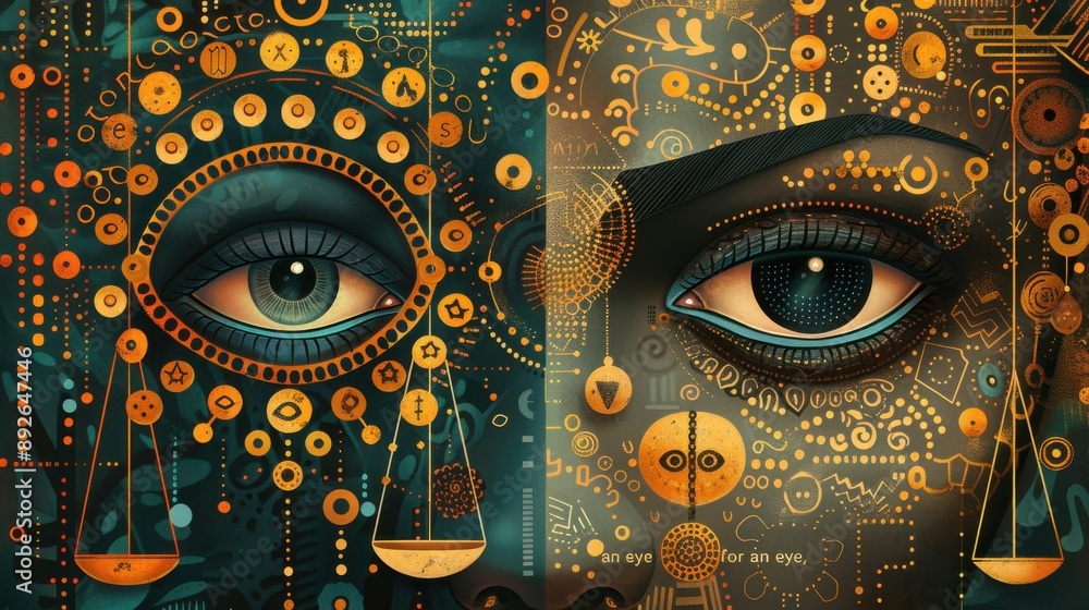 Poster abstract balance create an abstract representation of an eye for an eye, featuring two large, intric