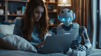 a young woman and a humanoid robot use a laptop to study