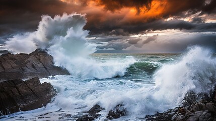 Obraz premium Dramatic Waves Crashing on Rocky Coastline During Sunset