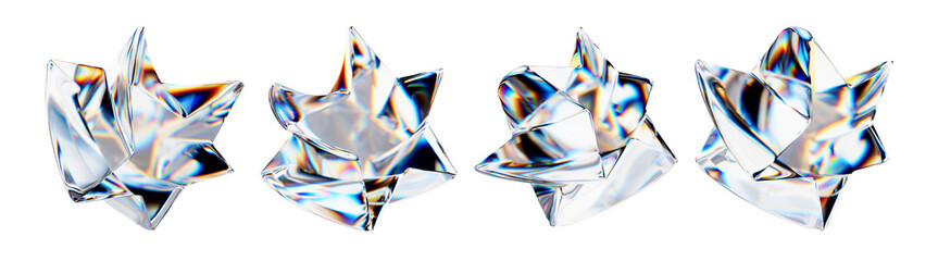 Set of 3d transparent glossy stars with dispersion effect. Rainbow colors reflection glass. 3d glass stars  box with crystal dispersion effect. Abstract empty glassy square with prism holographic	