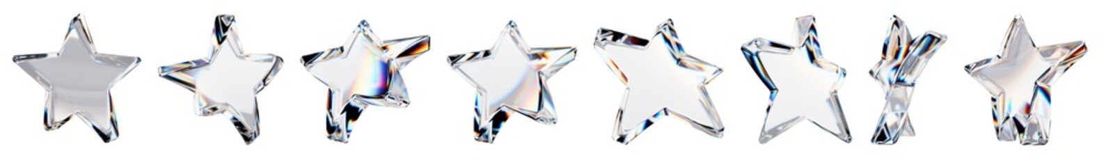 Set of 3d transparent glossy stars with dispersion effect. Rainbow colors reflection glass. 3d glass stars  box with crystal dispersion effect. Abstract empty glassy square with prism holographic	