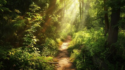 Fototapeta premium Sunlit Forest Path Through Lush Green Canopy