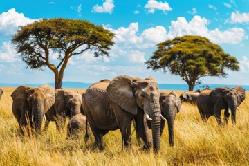 Obraz premium Herd of elephants walking through tall grass in africa