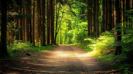 Obraz premium Sunlit Path Through A Dense Forest On A Summer Day