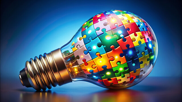 Vibrant puzzle pieces fitting together to form a radiant lightbulb, metaphorically representing creative breakthroughs and ingenious problem-solving approaches in a bold, modern design.