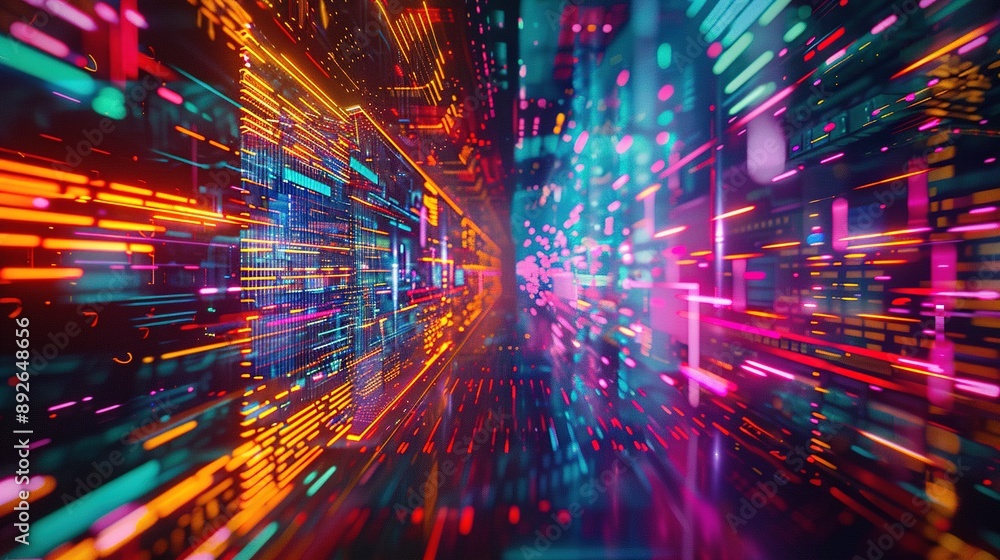 Poster abstract digital corridor with brightly colored lines and geometric patterns