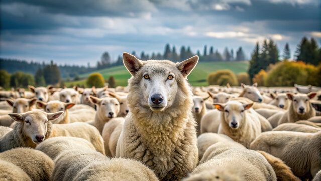 A sly wolf hiding behind a flock of sheep, symbolizing deception and duplicity, with a serene countryside landscape in the background, evoking sense of caution.