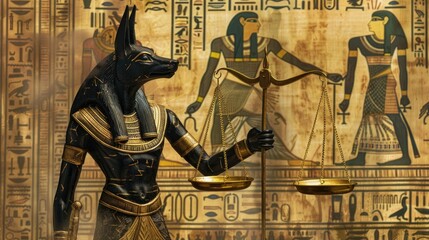 Anubis depicted with a scale, highlighting the concept of judgment and justice in ancient Egyptian mythology.