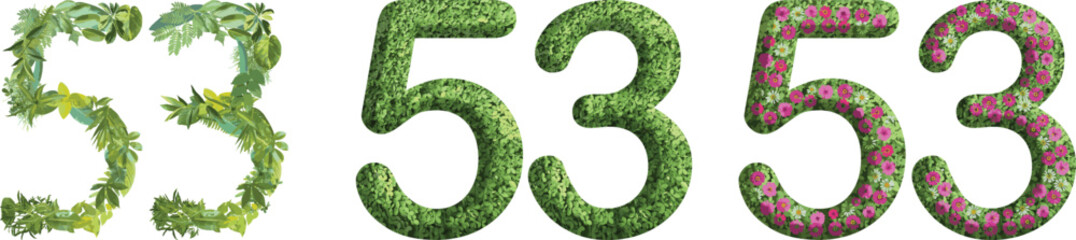 53, design made from green grass, leaves and flower, .suitable for birthday, anniversary and memorial day templates, go green concept	
