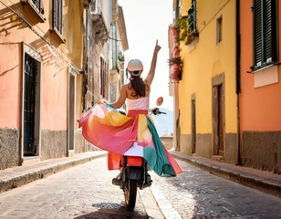 Junge Frau fährt auf einer Vespa durch eine italienische Stadt