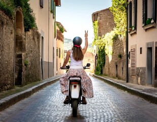 Junge Frau fährt auf einer Vespa durch eine italienische Stadt