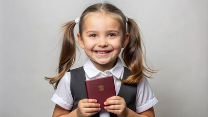 A 5 year old cheerful girl in a white school uniform, passport photography
