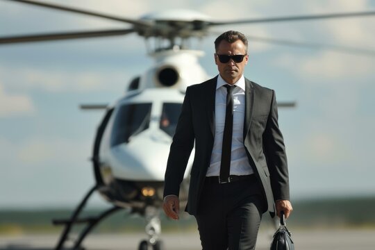 Well-dressed executive with sunglasses departs from a private helicopter