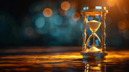 Hourglass on a wooden desk with sand flowing. Represents time, patience, and classic elegance. Suitable for time management,
