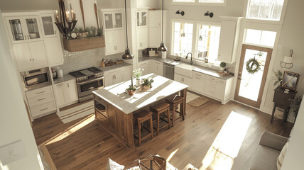 Modern kitchen with a bright, spacious design, featuring white cabinets, wooden elements, and a central island. Conveys a sense of elegance and comfort. Ideal for themes of home living,