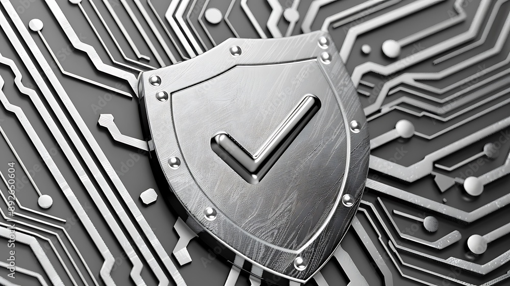Poster shield with tickmark 3d rendering minimal wallpaper, background with big copy space