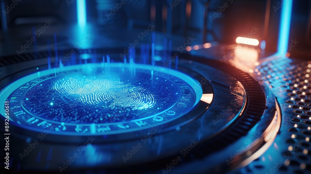 Poster conceptual image of a fingerprint scanner, highlighting the role of biometric technology in securing