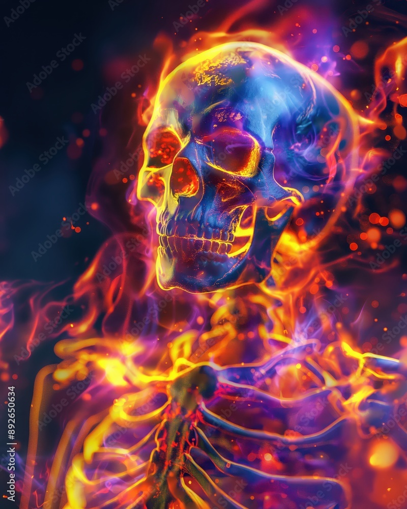 Wall mural a neon skeleton engulfed in flames