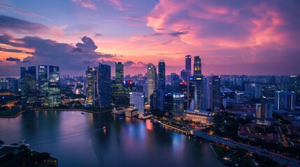 Fototapeta premium Aerial view of a cityscape with high-rise buildings lit up after sunset.