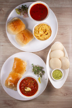 misalpav, pavbhaji and idali indian food top view