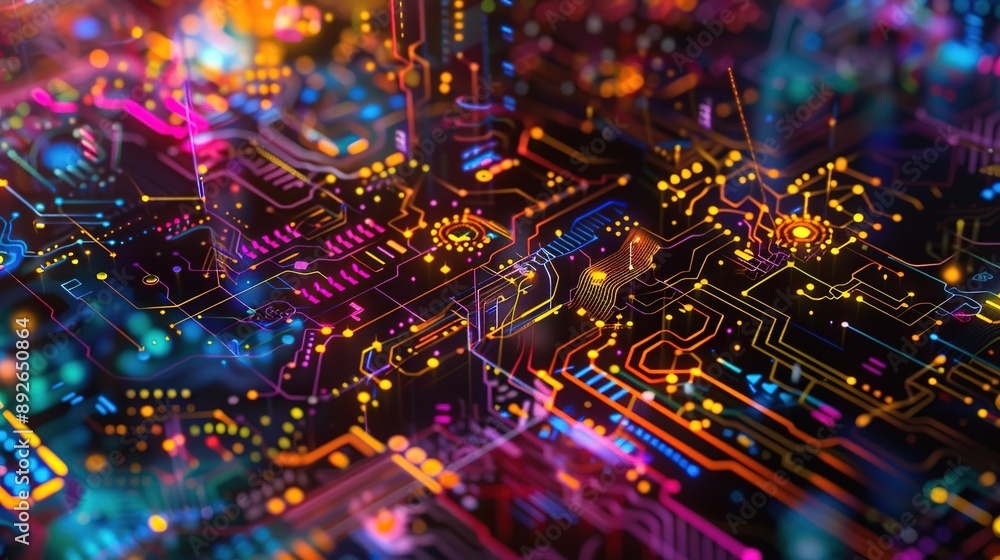 Poster abstract digital circuitry pattern in vivid colors