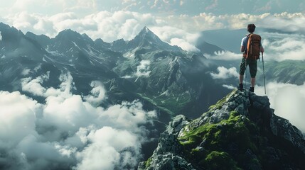 Naklejka premium Adult male hiker sitting on rocky mountain above clouds. 
