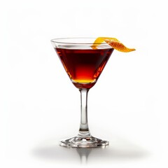 A Boulevardier cocktail in a martini glass with an orange peel garnish