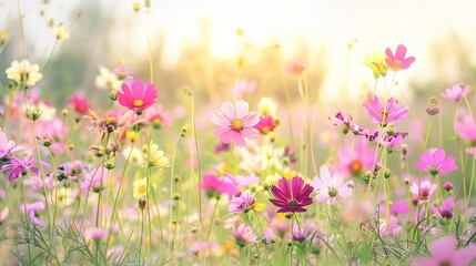Fototapeta premium Pink And White Cosmos Flowers Blooming In A Meadow At Sunset