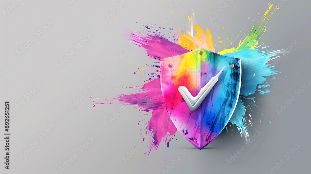 Poster shield with tickmark 3d rendering minimal wallpaper, background with big copy space