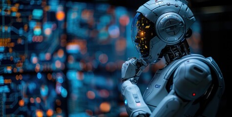 A Thoughtful Robot in a Futuristic Cityscape