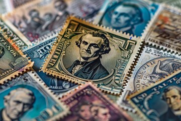 Vintage Postage Stamps Featuring Portraits of Historical Figures