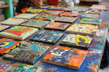 Fototapeta premium Colorful Mosaic Tiles Displayed on Tabletop