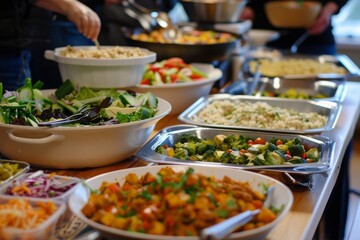 Obraz premium A Buffet Table Featuring Fresh Salads, Roasted Vegetables, and Other Delicious Dishes