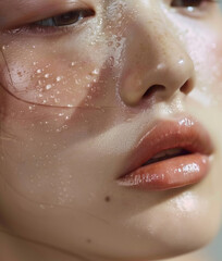 Fototapeta premium Portrait of beautiful natural Asian woman with dewy wet skin