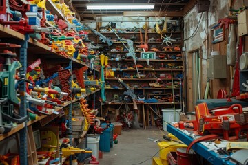 Fototapeta premium A Wall Of Toy Guns In A Cluttered Warehouse