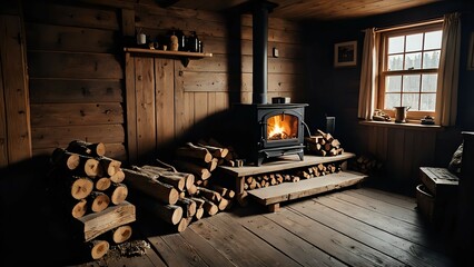 Cozy cabin interior with a warm fire in the wood burning stove.