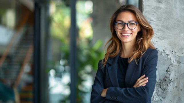 Confident businesswoman with glasses smiles outside the office, urban scene framing her success