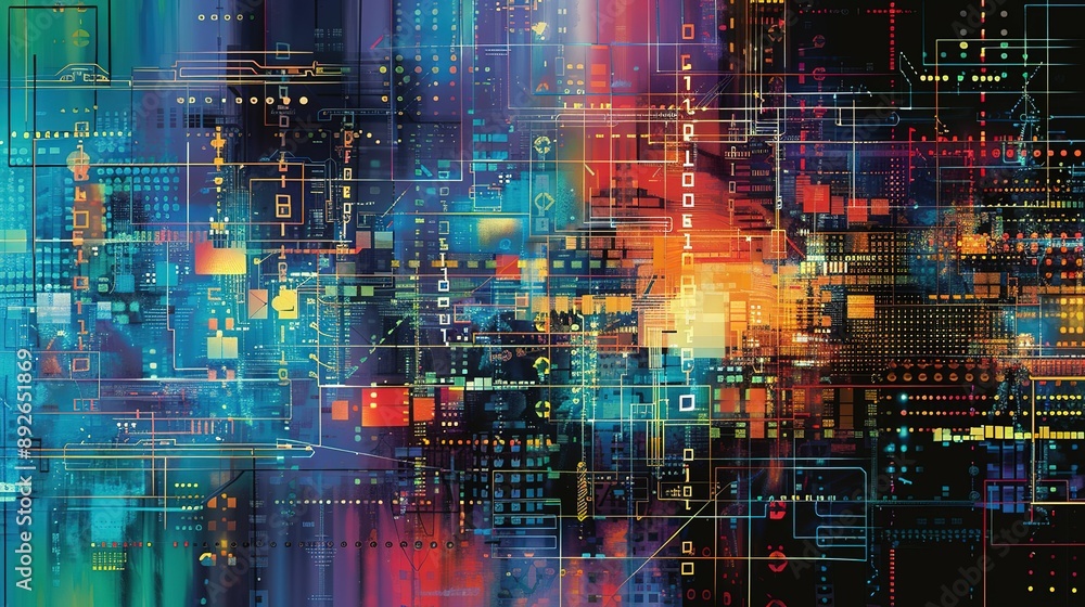 Poster abstract digital circuitry pattern with vibrant colors