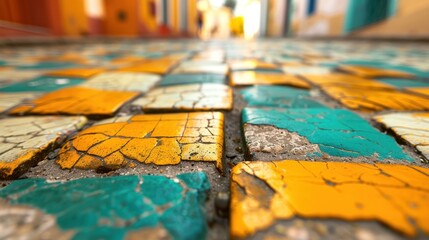 The image is a close up of a mosaic tile floor with a variety of colors and textures. The tiles are cracked and broken, giving the floor a worn and weathered appearance. Scene is one of nostalgia