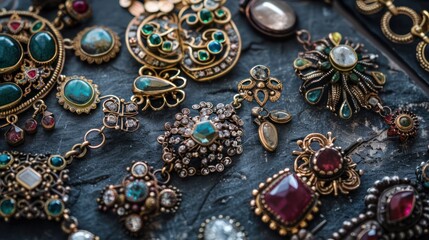 Obraz premium Antique jewelry collection including Victorian earrings and Georgian rings.