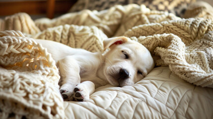 Obraz premium cute white puppy sleeping on the bed