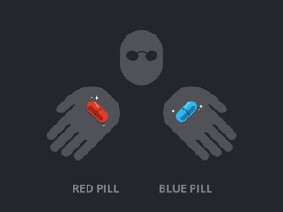 A shady person offer the red pill and blue pill. Isolated Vector Illustration