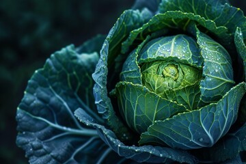 Fototapeta premium Close-up of fresh, vibrant green cabbage leaves with dewdrops, showcasing the natural beauty of this organic vegetable in its cool, crisp, and moist environment