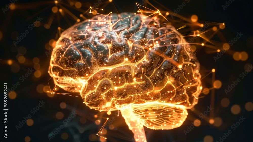 Poster a brain with a lot of lines and dots surrounding it